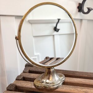 Vintage Brass & Silver Finish Round Vanity Mirror - Rotating Makeup Magnifying